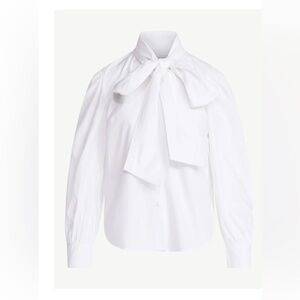 Free Assembly Cotton Tie Neck Blouse with Long Puff Sleeves